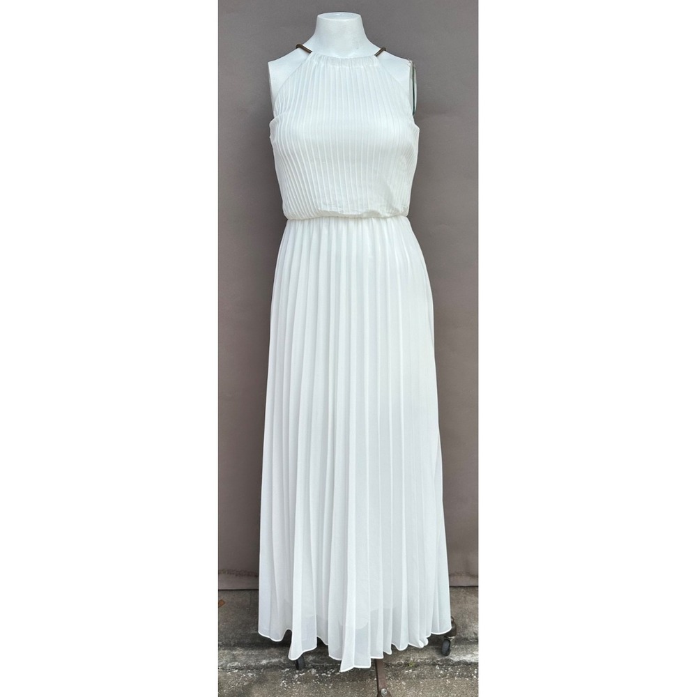 White Pleated Blouson Gown Grecian Long Dress Small Metal Chain Halter Neck Slvl
